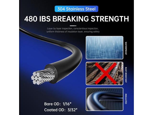 164FT Black Vinyl-Coated 304 Stainless Steel Cable Heavy Duty String Lights Hanging Kit with Turnbuckle, Thimble & Hooks for Outdoor, Patio,...