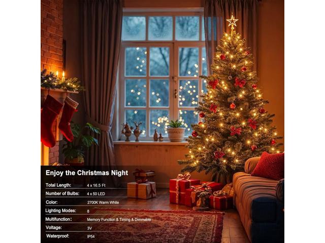 ZAIYW Battery Operated String Lights 4 Pack 16.5Ft 50LED String Lights with Remote Control 8 Modes Timer Christmas Lights Green Wire for Outdoor...