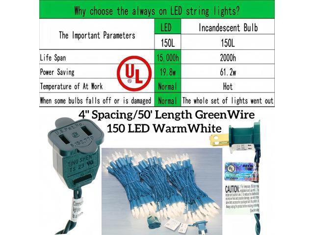 150 LED Warm White Christmas Lights, UL Certified 22# Green Wire 50 Ft, Commercial Grade Decorative Lighting String, for Indoor and Outdoor Use.