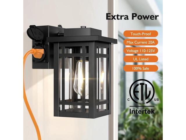 2-Pack Outdoor Porch Lights with Outlet,Dusk to Dawn Motion Modern Outdoor Wall Lights Exterior Lighting Fixtures Waterproof, Black Outside Light...