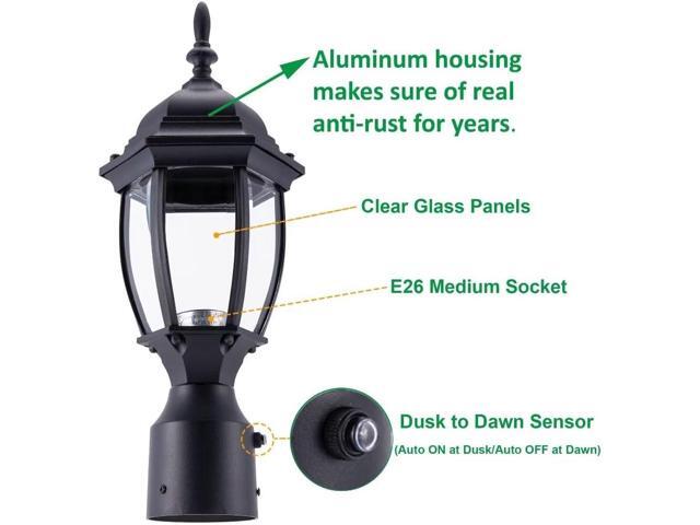 LIT-PaTH Dusk to Dawn Outdoor Post Lighting Fixture Pole Lantern, E26 Medium Base Max 60W, Aluminum Housing Plus Glass, Bulb Not Included (Black,...