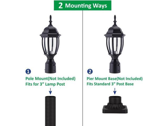 LIT-PaTH Dusk to Dawn Outdoor Post Lighting Fixture Pole Lantern, E26 Medium Base Max 60W, Aluminum Housing Plus Glass, Bulb Not Included (Black,...