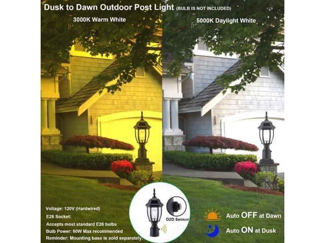 LIT-PaTH Dusk to Dawn Outdoor Post Lighting Fixture Pole Lantern, E26 Medium Base Max 60W, Aluminum Housing Plus Glass, Bulb Not Included (Black,...