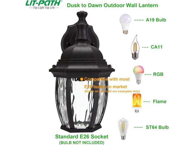 LIT-PaTH Dusk to Dawn Outdoor Wall Lantern, Wall Sconce as Porch Lighting Fixture with E26 Medium Base Max 60W, Aluminum Housing with Glass Shade,...