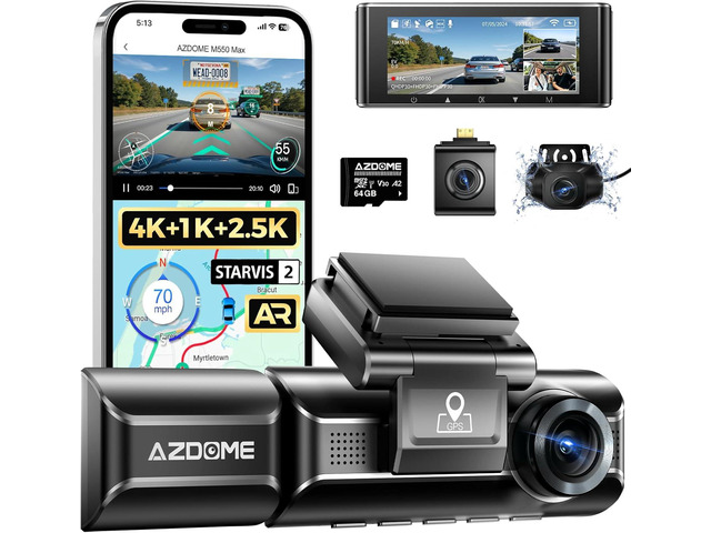 AZDOME M550 Max 4K 3 Channel Dash Cam, Dual STARVIS Sensors, 4K+2.5K+1080P Front and Rear Inside Triple Car Camera, Built-in WiFi GPS, 64GB Card...