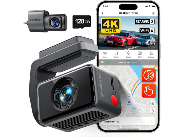 REDTIGER F4 Pro 4K Mini Dash Cam Front and Rear, STARVIS 2 Night Vision, 128GB Card Included, 5.8GHz WiFi 6 Instant Export, 2.2' Touch Screen Dash...