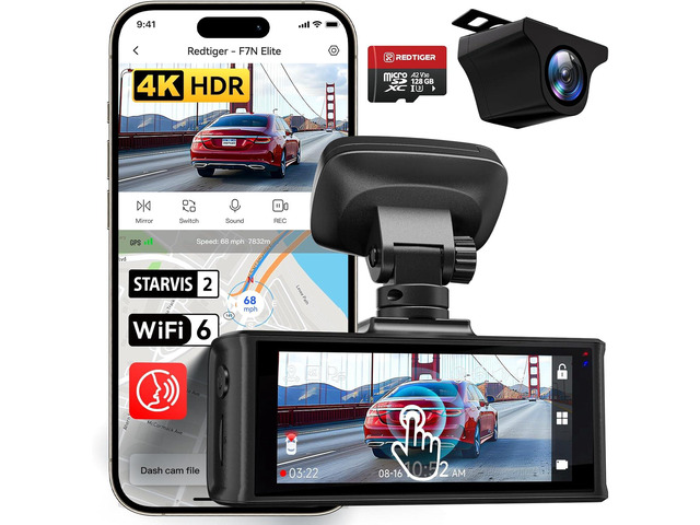 REDTIGER 4K HDR Dash Cam Front and Rear, STARVIS 2 Sensor, 5.8GHz WiFi APP, 3.18' Touchscreen, Voice Control, 128G Card Included, WDR, Dash Camera...