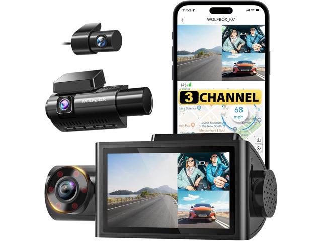WOLFBOX i07 3 Channel Dash Cam Built-in WiFi GPS, 4K Dash Camera Front and Inside, 1440P+1080P+1080P Triple Car Camera with 3' LCD Screen,IR Night.