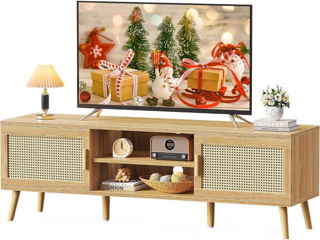 SUPERJARE Boho TV Stand for 65 Inch TV, Entertainment Center with Adjustable Shelf, Rattan TV Console with 2 Cabinets, Media Console, Solid Wood...
