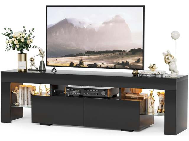YESHOMY Modern Black LED TV Stand for Televisions up to 70 Inch with Glass Shelves and Drawer, Gaming Entertainment Center with Multiple Dynamic...