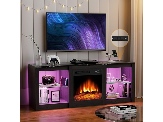 BREEZEHEAT Electric Fireplace TV Stand with 18 inch Fireplace Up to 65' TVs-Led Entertainment Center-TV Console for Living Room with Glass Shelves,...