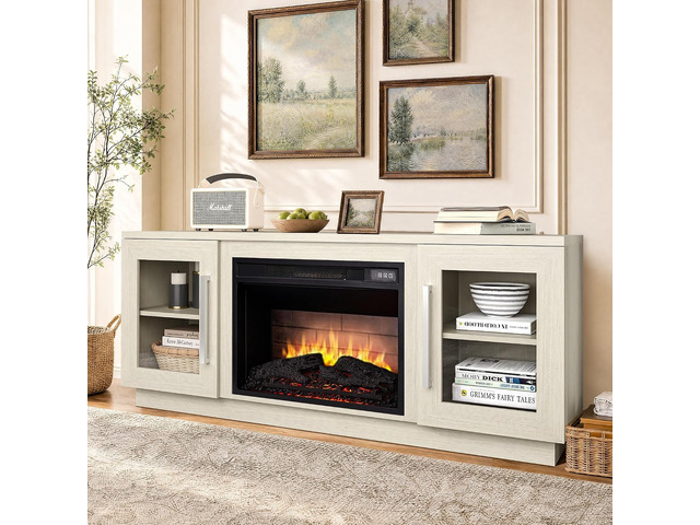 Cheerway 3D Fireplace TV Stand for TVs up to 65, Wooden Media Entertainment Center Table & TV Cabinets w/Storage Shelves & Barn Door, Electric...