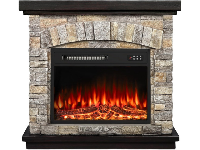 36 inch Electric Fireplace with Mantel, Faux Stone Finish, Gray