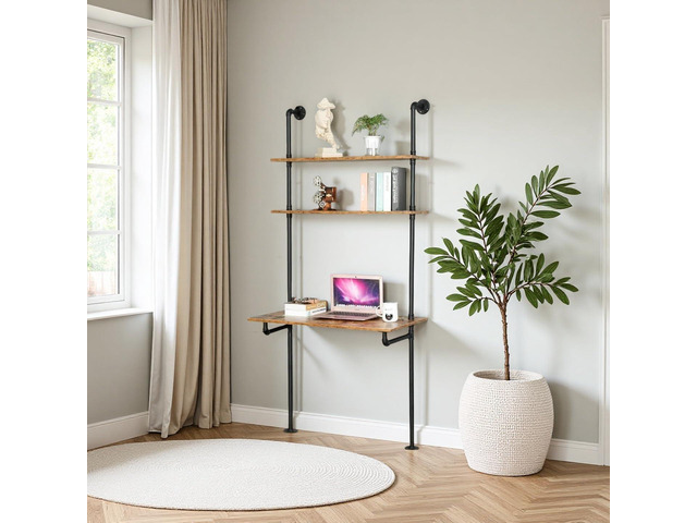 ZIOTHUM Wall Mounted Desk with Shelves, Industrial Ladder Style Floating Desk for Small Spaces, Computer Table with Storage Shelves, Rustic Pipe...
