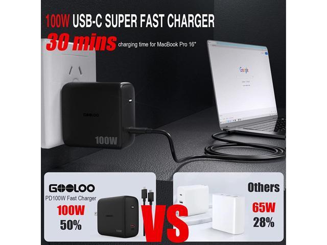GOOLOO 100W PD GaN2 Fast Wall Charger Block with 6.6ft Cable, Compatible with MacBook iPad iPhone 14/13 Series and More, SuperSafe Type C Charger...