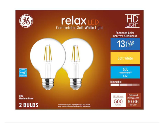 GE Relax HD 60-Watt EQ G25 Soft White Medium Base (e-26) Dimmable LED Light Bulb (2-Pack)Item #952450 Model #42258