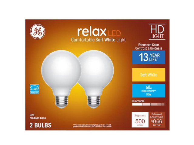 GE Relax HD 60-Watt EQ G25 Soft White Medium Base (E-26) Dimmable LED Light Bulb (2-Pack)Item #952453 Model #42261