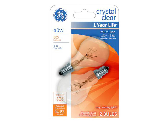 GE Classic 40-Watt EQ A15 Soft White Candelabra Base (e-12) Dimmable Incandescent Light Bulb (2-Pack)Item #946381 Model #93130609
