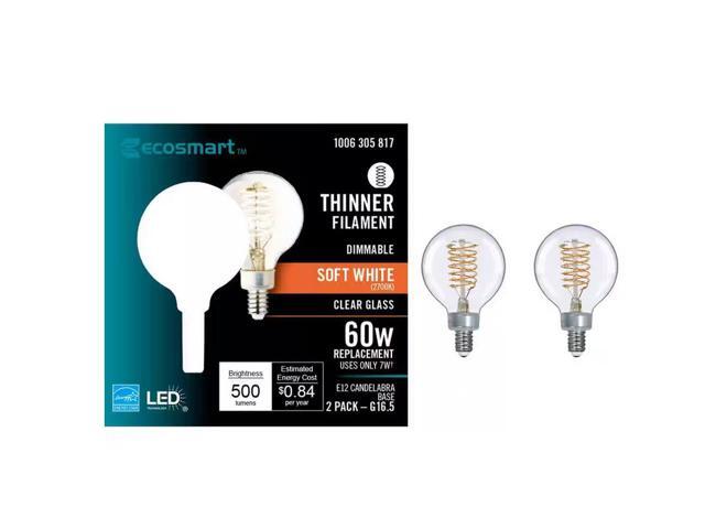 60-Watt Equivalent G16.5 Dimmable Fine Bendy Filament LED Vintage Edison Light Bulb Soft White (2-Pack) EcoSmart # 1006305817 # G16.5C7E12827S