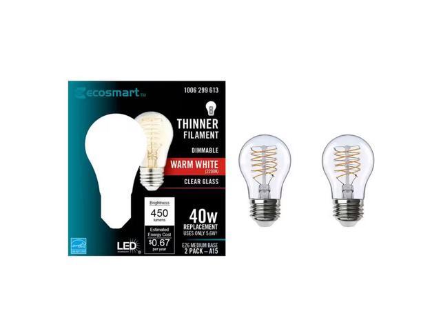 40-Watt Equivalent A15 Dimmable Fine Bendy Filament LED Vintage Edison Light Bulb Warm White (2-Pack) EcoSmart # A15C6E26822S # 1006299613