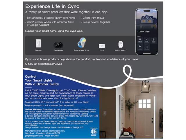 GE Cync Smart Bluetooth Compatibility White 5-in or 6-in 1150-Lumen Switchable White Round Dimmable LED Canned Wet Rated Recessed Downlight Item...