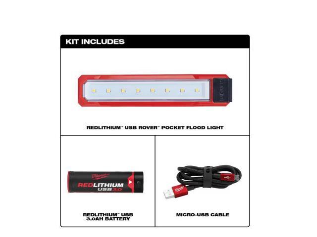 Milwaukee 445 Lumens LED REDLITHIUM USB Rover Pocket Flood Light with Extra USB 3.0 Ah Battery # 2112-21-48-11-2131 # 1005666153