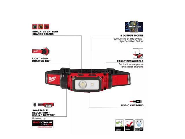 Milwaukee RLUSB 800L COMPACT FLASHLIGHT and 600 Lumens LED REDLITHIUM Hard Hat Headlamp (2-Pack) # 2160-21-2163-21 # 1011396221