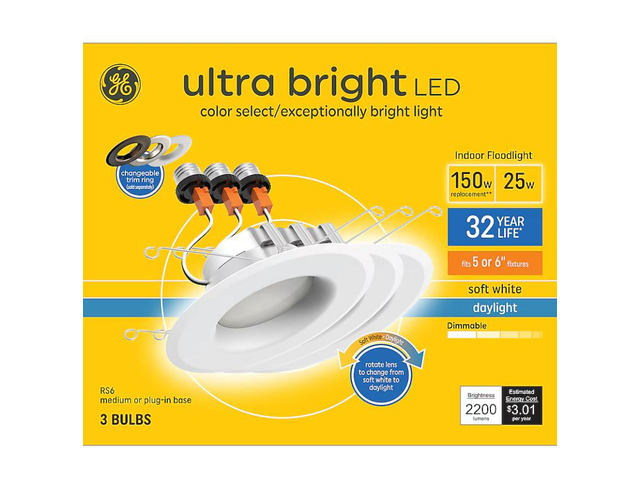 GE Ultra Bright White 5-in or 6-in 2200-Lumen Switchable White Round Dimmable LED Canned Damp Rated Recessed Downlight (3-Pack) Item #5190908 ...