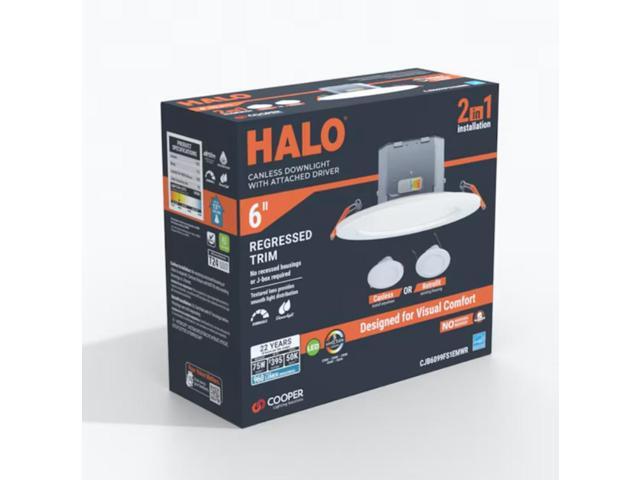HALO Matte White 6-in 900-Lumen Switchable White Round Dimmable LED Canless Wet Rated Recessed Downlight Item #5296062 #CJB6099FS1EMWR