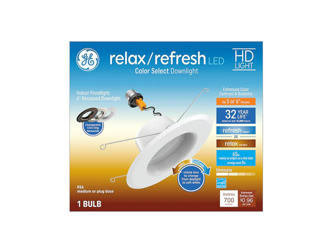 GE Relax/Refresh White 5-in or 6-in 700-Lumen Switchable Round Dimmable LED Canless Damp Rated Recessed Downlight Item #1500754 #93121156