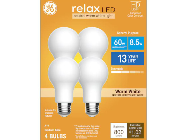 GE Relax HD 60-Watt EQ A19 Warm White Medium Base (e-26) Dimmable LED General Purpose Light Bulb (4-Pack) Item #5190607 #93130695