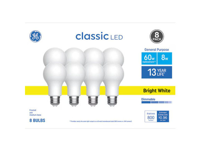 GE Classic 60-Watt EQ A19 Bright White Medium Base (e-26) Dimmable LED General Purpose Light Bulb (8-Pack) Item #5667561 Model #93131620