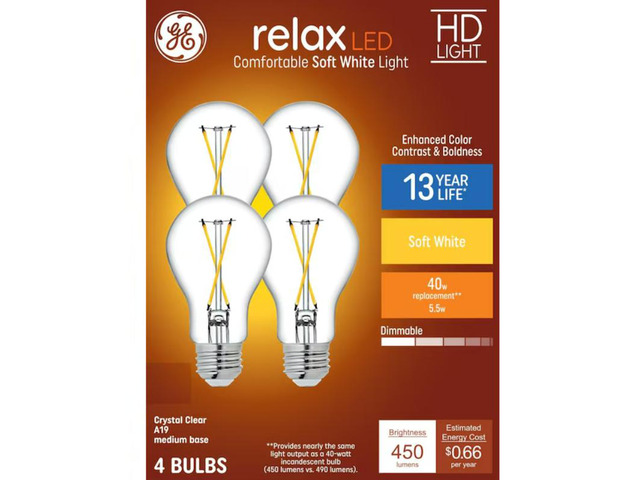 GE Relax 40-Watt EQ A19 Soft White Medium Base (e-26) Dimmable LED General Purpose Light Bulb (4-Pack) Item #1608336 Model #93121727