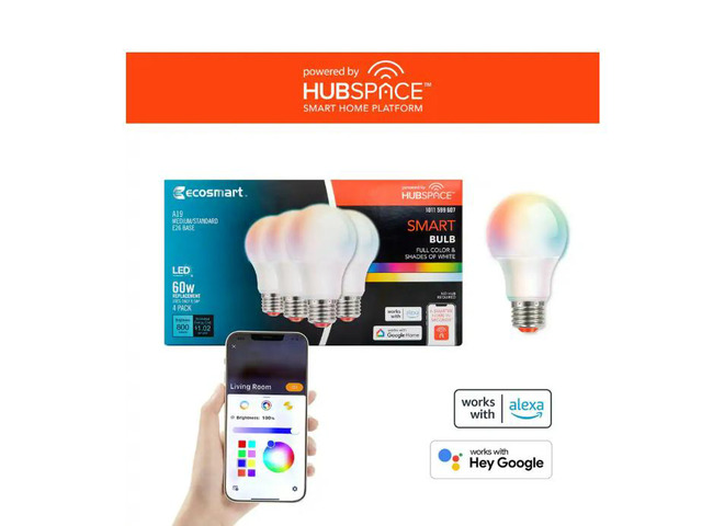 EcoSmart 60-Watt Equivalent Smart A19 Color Changing CEC LED Light Bulb with Voice Control (4-Bulb) Powered by Hubspace # 1011599607 # 12A19060WRGBWH4
