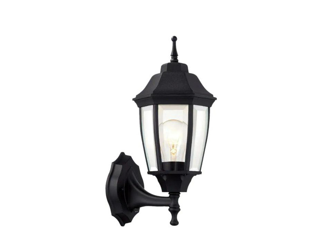 Hampton Bay 14.37 in. Black Dusk to Dawn Hardwired Decorative Outdoor Wall Light Lantern Sconce with No Bulb Included # 240336 # G14796-BK