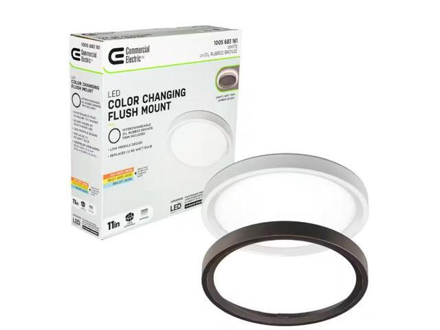 Commercial Electric 11 in. White, Oil Rubbed Bronze Trims 1000 Lumens LED Flush Mount Ceiling Light Fixture with Night Light Adjustable CCT #...