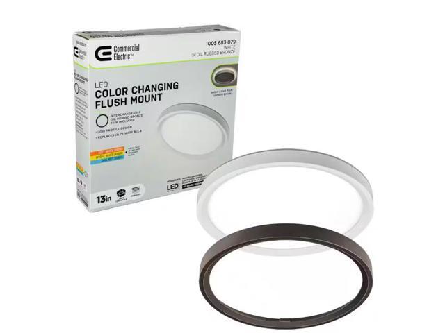 Commercial Electric 13 in. White, Oil Rubbed Bronze Trims 1350 Lumens LED Flush Mount Ceiling Light Fixture with Night Light Adjustable CCT #...
