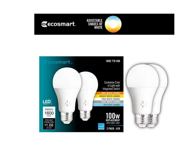 EcoSmart 100-Watt Equivalent A19 Dimmable CEC LED Light Bulb with Selectable Color Temperature (2-Pack) # 1006778596 # 11A19100W5CCT01