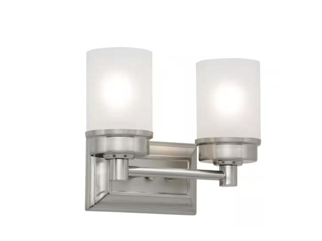 Hampton Bay Cade 11.7 in. 2-Light Brushed Nickel Bathroom Vanity Light Fixture with Frosted Glass Shades # 1001220859 # NB23307