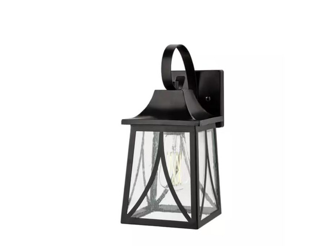 Drackert 13 in. 1-Light Flat Black Hardwired Outdoor Wall Light Lantern Sconce with Seedy Glass, No Bulb Included # 1007158019 # 28235