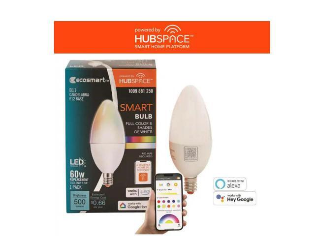 EcoSmart 60-Watt Equivalent Smart B11 E12 Color Changing CEC LED Light Bulb with Voice Control (1-Bulb) Powered by Hubspace # 1009881250 #...