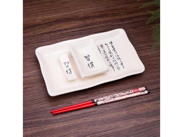 4 Pcs Japanese Sushi Plate Dinnerware Set White With Chinese Calligraphy Design