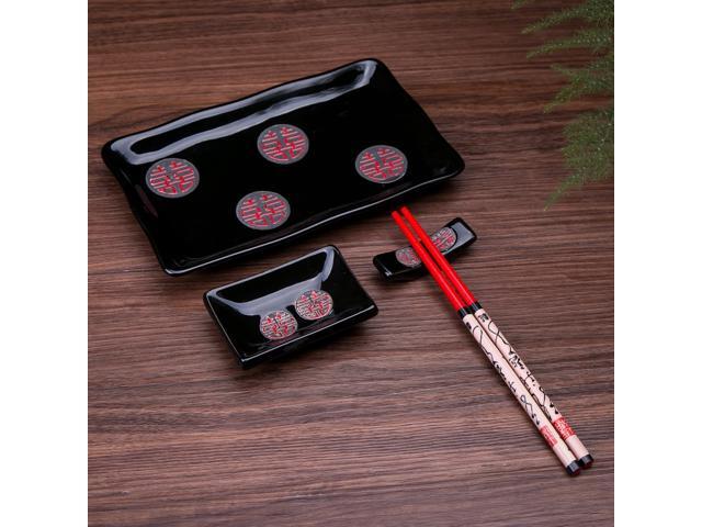 4 Pcs Japanese Sushi Plate Dinnerware Set Black With Chinese Double Happiness Design
