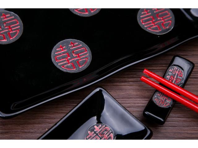 4 Pcs Japanese Sushi Plate Dinnerware Set Black With Chinese Double Happiness Design