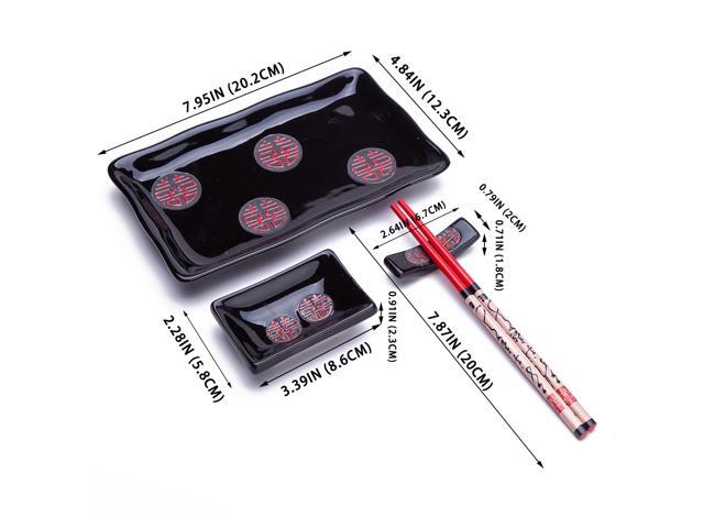 4 Pcs Japanese Sushi Plate Dinnerware Set Black With Chinese Double Happiness Design