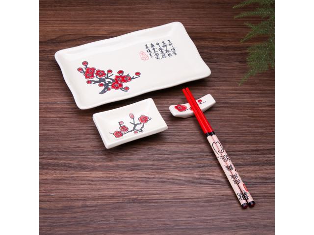 4 Pcs Japanese Sushi Plate Dinnerware Set White With Plum Blossom Design
