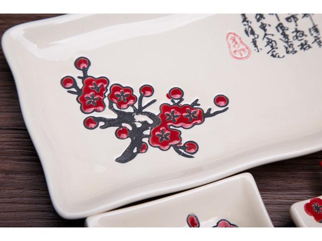 4 Pcs Japanese Sushi Plate Dinnerware Set White With Plum Blossom Design