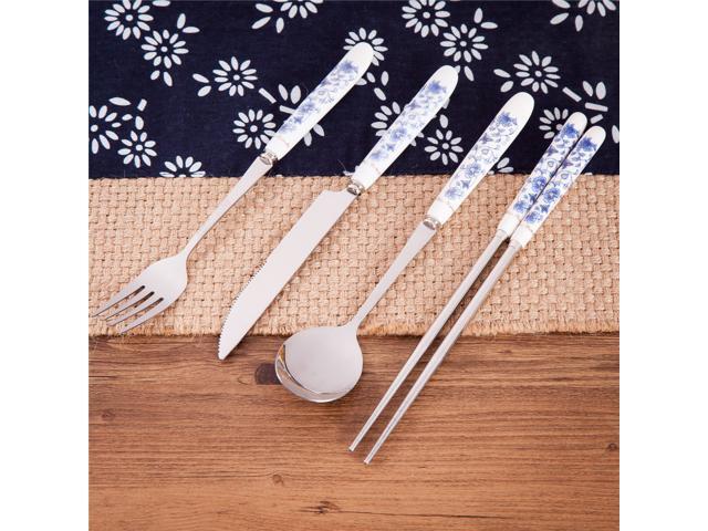 4 Pcs Elegant Oriental Inspiration Silverware Stainless Steel Chopsticks, Fork, Knife & Spoon Set In Gift Box