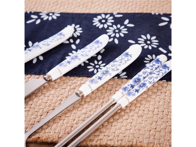 4 Pcs Elegant Oriental Inspiration Silverware Stainless Steel Chopsticks, Fork, Knife & Spoon Set In Gift Box