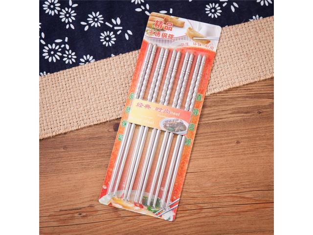 10 Pcs (5 Pairs) Spiral Design Silver Stainless Steel Chopsticks